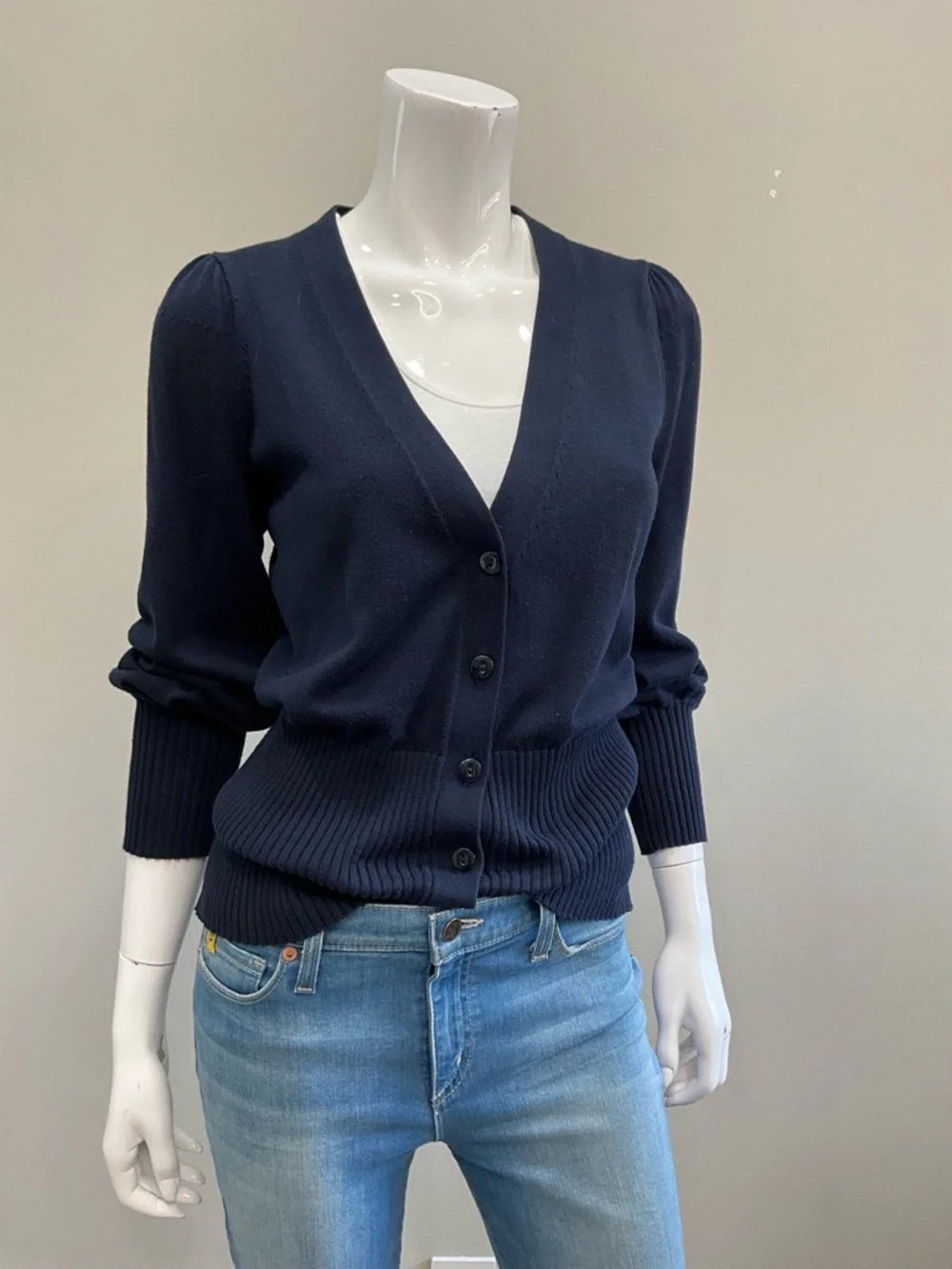 TRINA TURK Navy V-Neck Button Front Cardigan Ribbed Waist Puff Sleeve XS - Picture 10 of 10